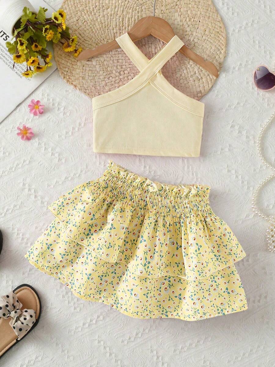 SHEIN Genkimix Kids 2pcs/Set Young Girls' Vacation Casual Sleeveless Solid Tank Top And Elastic Waist Ditsy Floral Layered Ruffled Skirt Set, Summer - Mustard Yellow - View 1