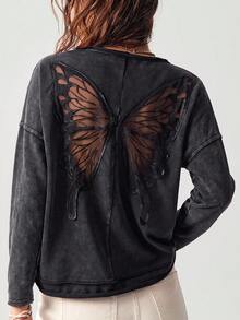 Bohemela Women's Back Patchwork Butterfly Embroidered Mesh Drop Shoulder Long Sleeve Casual Loose T-Shirt - Black - View 3