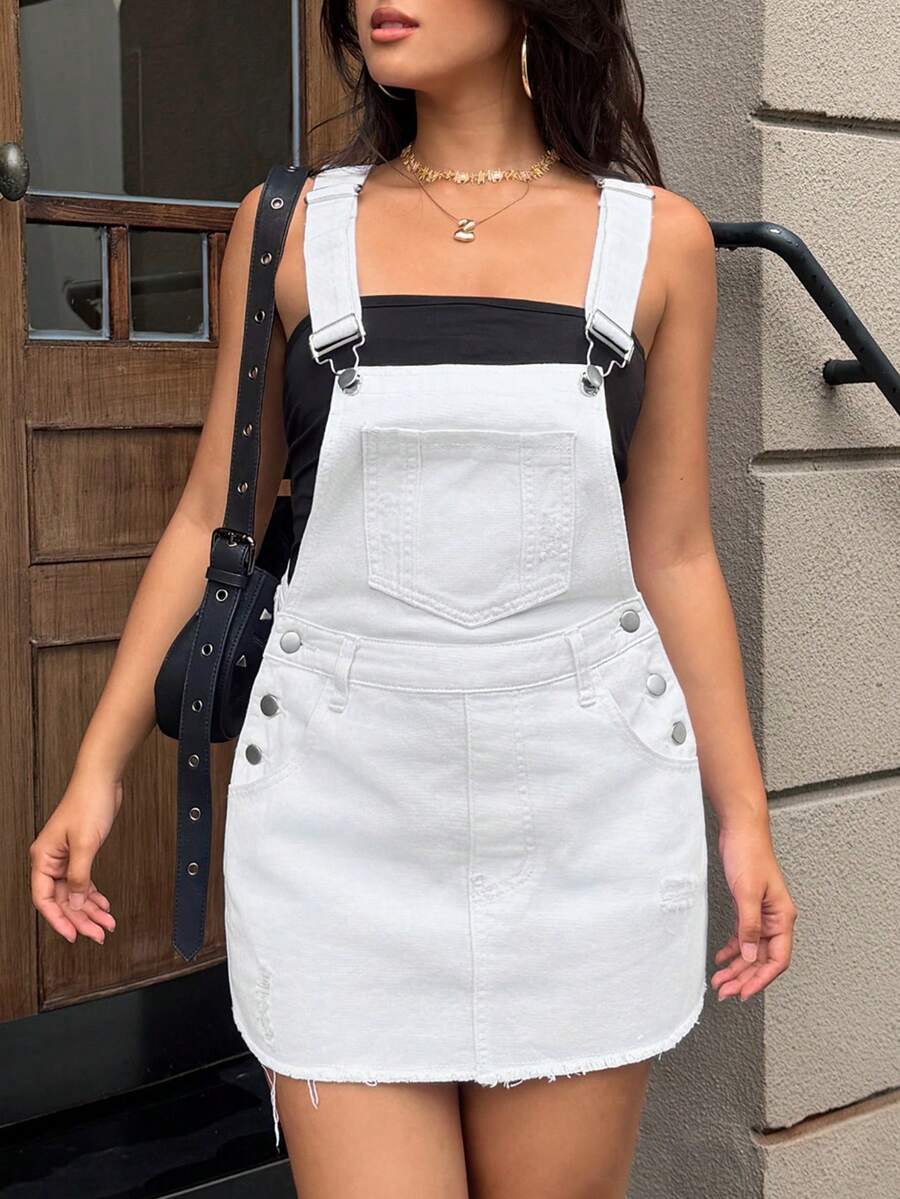 Rivivi Women's Street Fashion Pocket Button Distressed Denim Dress - White - View 1