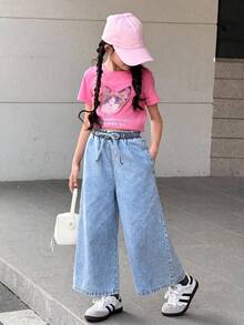 SHEIN Tween女孩淺藍色寬鬆寬腿牛仔褲，秋冬休閒度假Y2K牛仔女郎風，萬聖節返校穿搭 - 藍色 - 查看 1