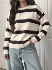 Dazy Tall Women's Round Neck Loose Long Sleeve Striped Pullover Casual Sweater School Fall - Apricot - View 7
