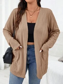 SHEIN Essnce Cardigan de manga larga de talla grande, color liso, con bolsillos, casual y versátil para uso diario - Caqui - Ver 6