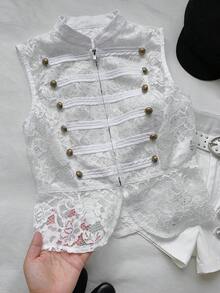 Comfortcana 白色休閒女款蕾絲前拉鍊背心 - 白色 - 查看 3