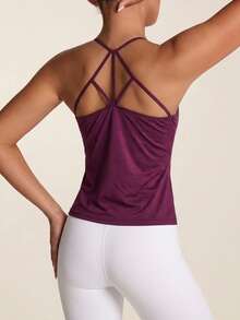 SHEIN BAE Powerista Solid Color Fashion Sport T-Shirts & Tanks, Suitable For Summer Women's Casual Sports Solid Color Tank Top Cut Out Back Solid Sports Tee Gym Top Workout Tank Top Purple  Seksi Chic  For Daily Wear Yoga Yoga Studio Tennis  Gym Indoor Outdoor Active - Burgundy - View 2