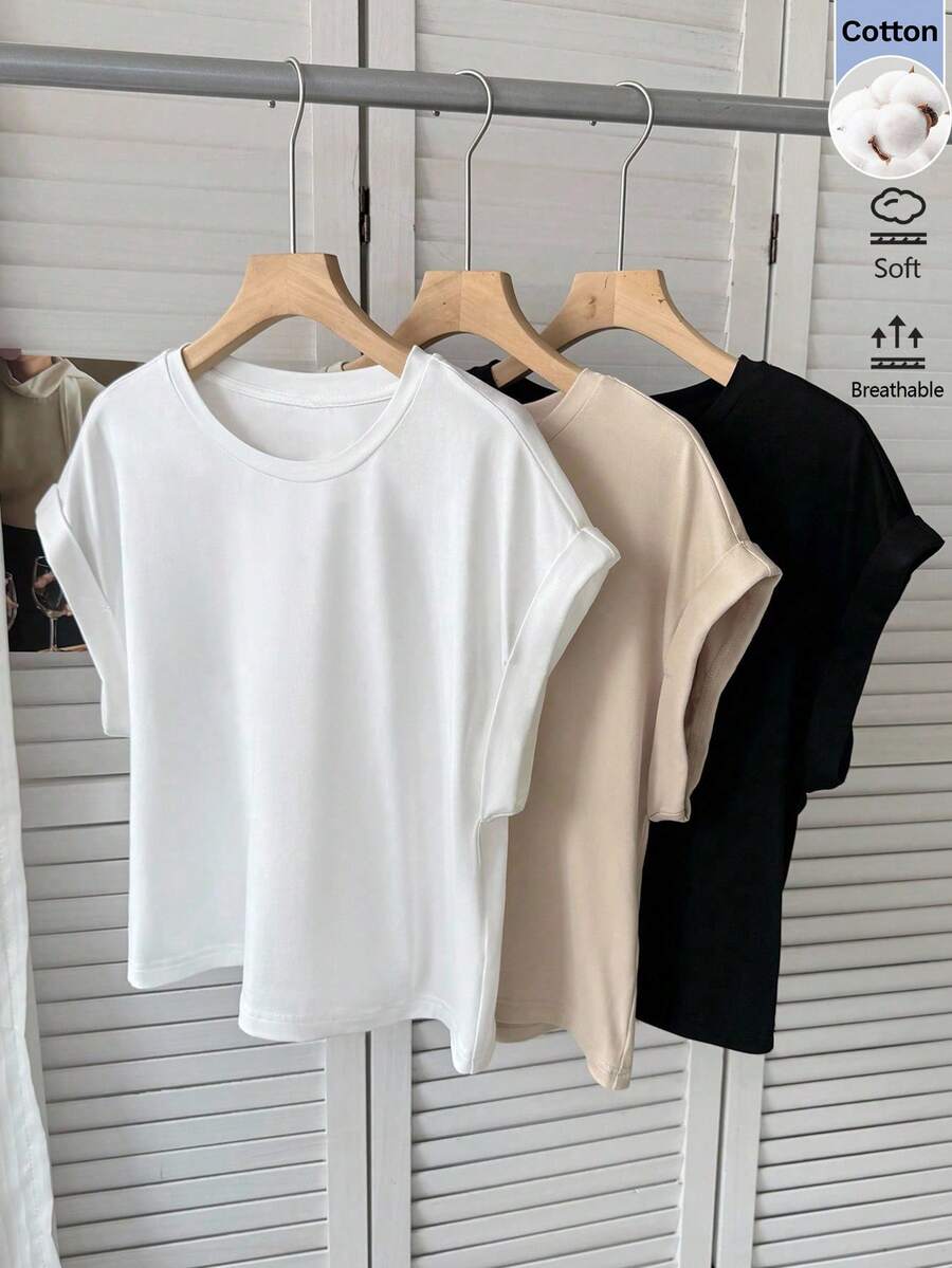 SHEIN LUNE 女款休閒夏季三件套上衣,通勤日常上學基本款短袖T恤上衣,白色米色黑色 - 彩色 - 查看 1