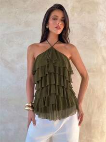 Aloruh Atasan Wanita Elegan Romantis Model Halter Neck dengan Ruffle Berlapis-lapis Warna Hijau Army untuk Liburan Pantai dan Kencan. - Hijau Tentara - View 3