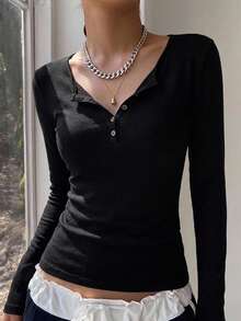 DAZY Women V-Neck Long Sleeve Soft & Cozy Undershirt - Black - View 7