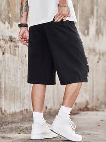 Manfinity Roghcode Men's Casual Daily Shorts With Pocket, Button And Distressed Design - Black - View 2