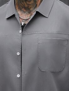 SLATEMANN 男士極簡純色襯衫套裝，寬鬆休閒短袖上衣與直筒長褲2件套，成熟風格 - 灰色 - 查看 6