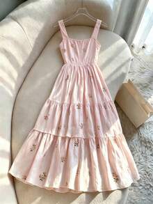 SHEIN Franclia 碎花洋裝 春夏清新甜美 收腰層次裙 - 粉色 - 查看 2