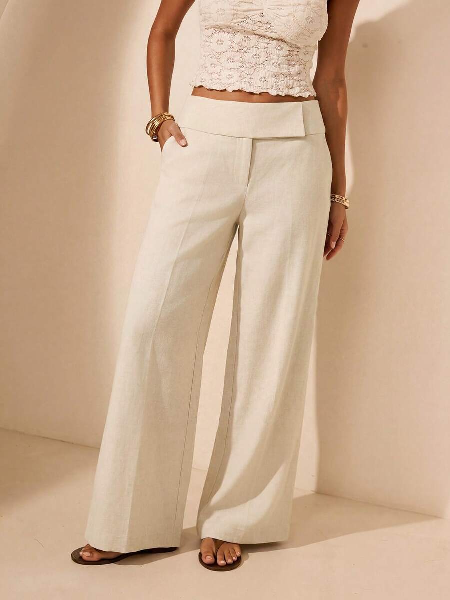 Aralina Off-White 低腰寬腿包腰束帶長褲 辦公通勤款 秋季優雅商務休閒 - 白色 - 查看 1