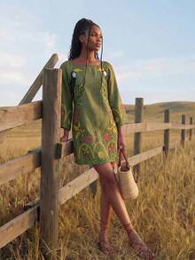 CAJUNI 女款花卉刺繡圖案休閒派對與旅行洋裝 - 橄欖綠 - 查看 8