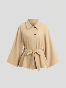 SHEIN Unity 女款 Sweetro 優雅法式通勤辦公披肩式風衣 米色 秋季 - 卡其色 - 查看 6