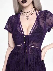 ROMWE Spring/Summer Vacation Beach Dark Gothic Sheer Spider Web Open Front Shirt - Purple - View 4