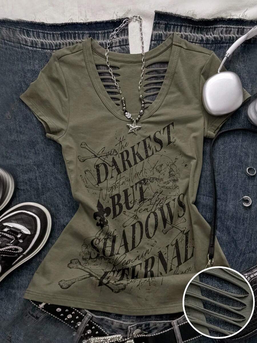 Attitoon Women's Letter Print V-Neck Short Sleeve Back Cutout Casual Grunge Streetwear T-Shirt Rave Concert Night Club Army Green Summer - Army Green - View 1