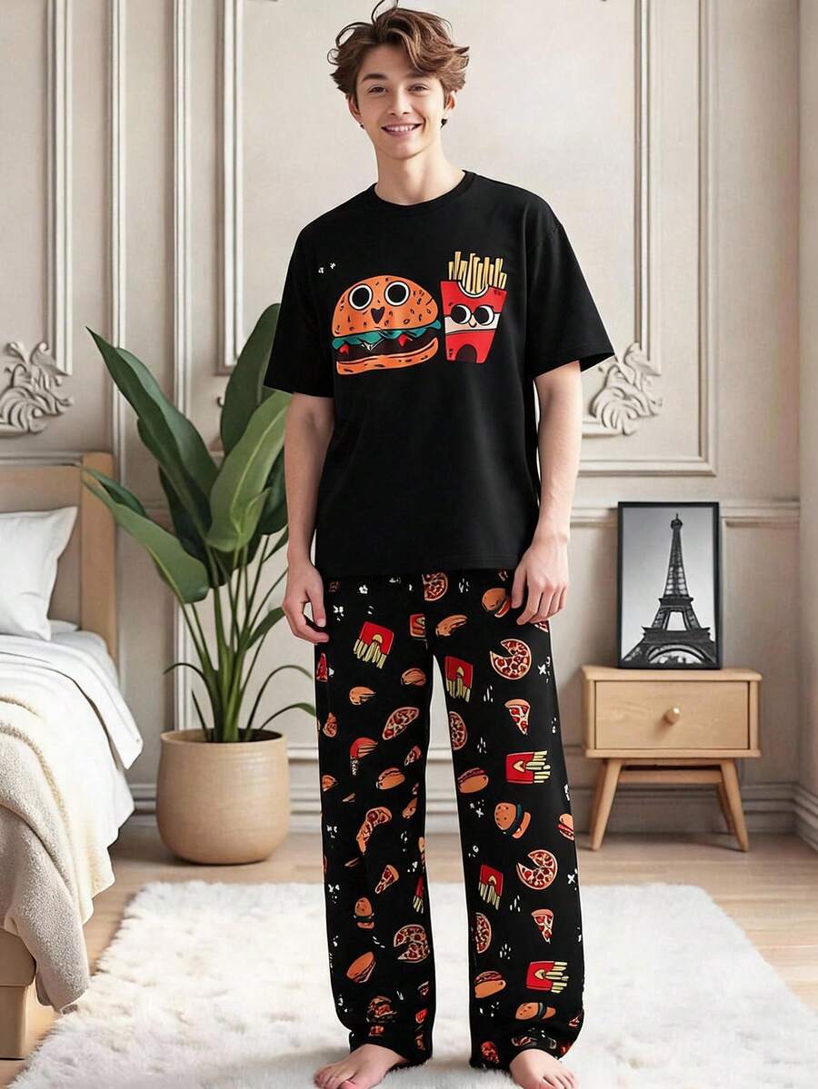 SHEIN 2件組青少年男孩圓領短袖T恤與漢堡印花寬鬆睡褲睡衣套裝 - 彩色 - 查看 1