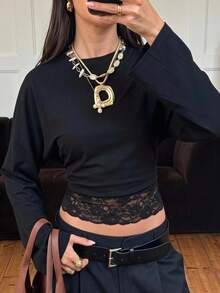 SHEIN EZwear 女款純色圓領長袖蕾絲下擺上衣 - 黑色 - 查看 6