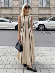 Siren Gaze New Summer Sleeveless Linen Maxi Dress With Beige Detail Slimming Fit - Versatile Style For Bohemian Elegant Beach Vacation Or Daily Commuting - Apricot - View 11