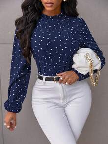 SHEIN Clasi Confetti Heart Print Bishop Sleeve Frilled Neck Blouse Fall Cloth For Women - Navy Blue - View 5