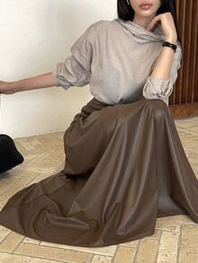 DAZY Women's PU Leather Casual Long Skirt - Brown - View 4