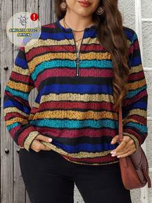 EMERY ROSE Plus Size Women's Striped Zipper Design Long Sleeve Casual Sweatshirt Fall - Multicolor - View 1