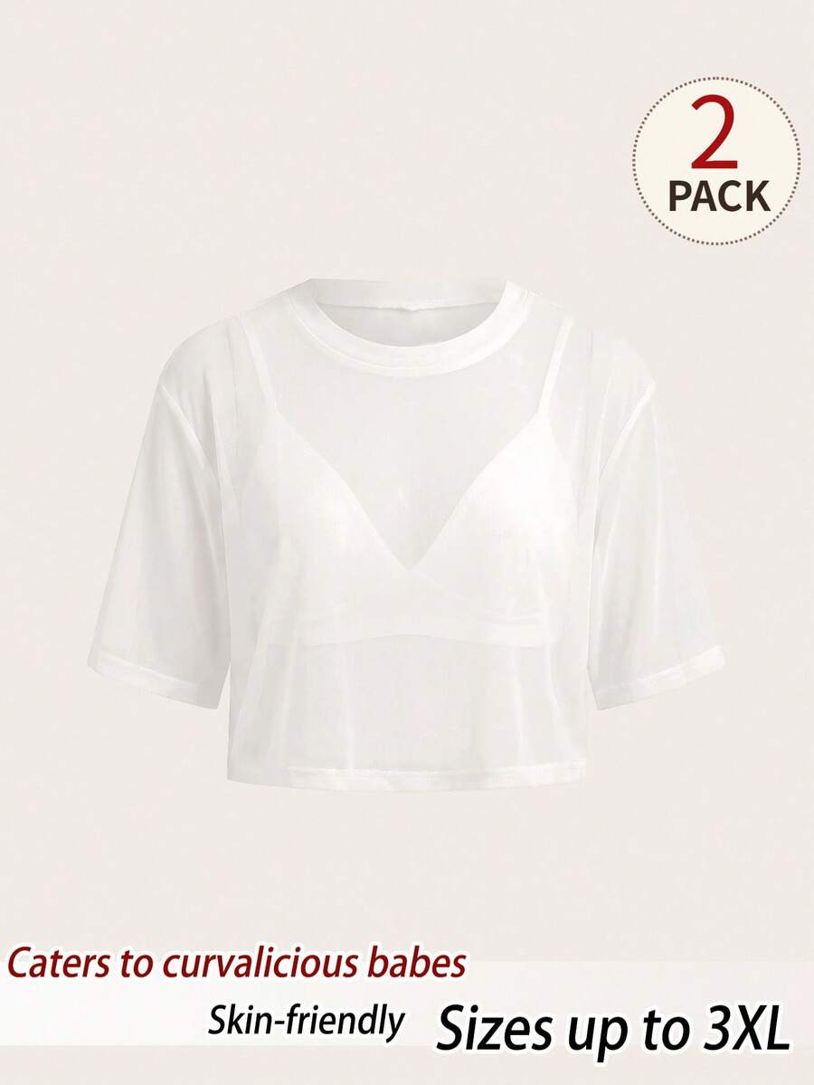SHEIN BASICS 大尺碼女款純色圓領短袖短版背心上衣，白色，適合約會之夜、正式場合、度假、晚宴，夏季性感休閒風