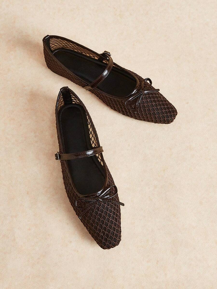 Rosivie Brown Hollow Breathable Mary Jane Shoes, Double Buckle Design, Retro And Comfortable Commuting Flat Shoes Fall Shoes - Mesh brown - View 1