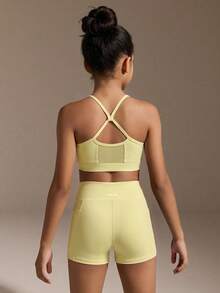 SHEIN Tween Girls Yellow Sports Set, Mesh Patchwork Design Sports Top + Sports Shorts, Tight High Elastic Fabric Comfortable Fit 4-Way Stretch, Glowmode - Yellow - View 1