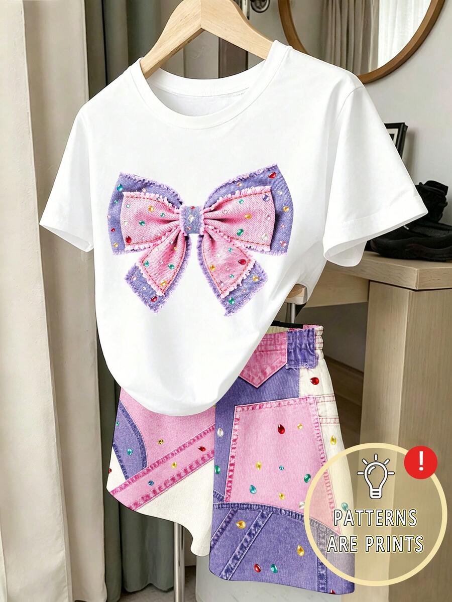 SHEIN 2件組 青少年女孩休閒夏季蝴蝶結圖案印花圓領短袖針織T恤與3D鑽石寶石印花仿牛仔軟短褲套裝,夏季,新款SS26時尚,夏季穿搭 - 彩色 - 查看 1