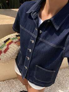 DAZY Kemeja Denim Wanita Kasual Musim Semi/Panas, Minimalis, Serbaguna, Lengan Pendek, Kancing Depan Satu Baris, untuk Perjalanan Sehari-hari - Biru - View 2