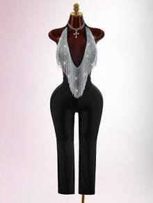 Amplova Women's Deep V Sexy Fitted Halter Neck Dark Style Tassel Jumpsuit - Black - View 2