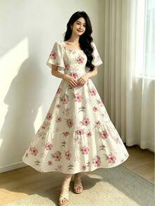 Modelyn 芙蓉花与天堂鸟碎花浅黄色连衣裙，女士时尚方领泡泡袖荷叶边下摆连衣裙，夏季度假风波西米亚连衣裙 - 彩色 - 查看 5