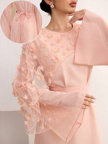 Graceveil Blush Pink Embroidered Patchwork Chiffon Waist Tie Elegant Romantic Wedding Autumn Women Long Dress Party - Pink - View 2