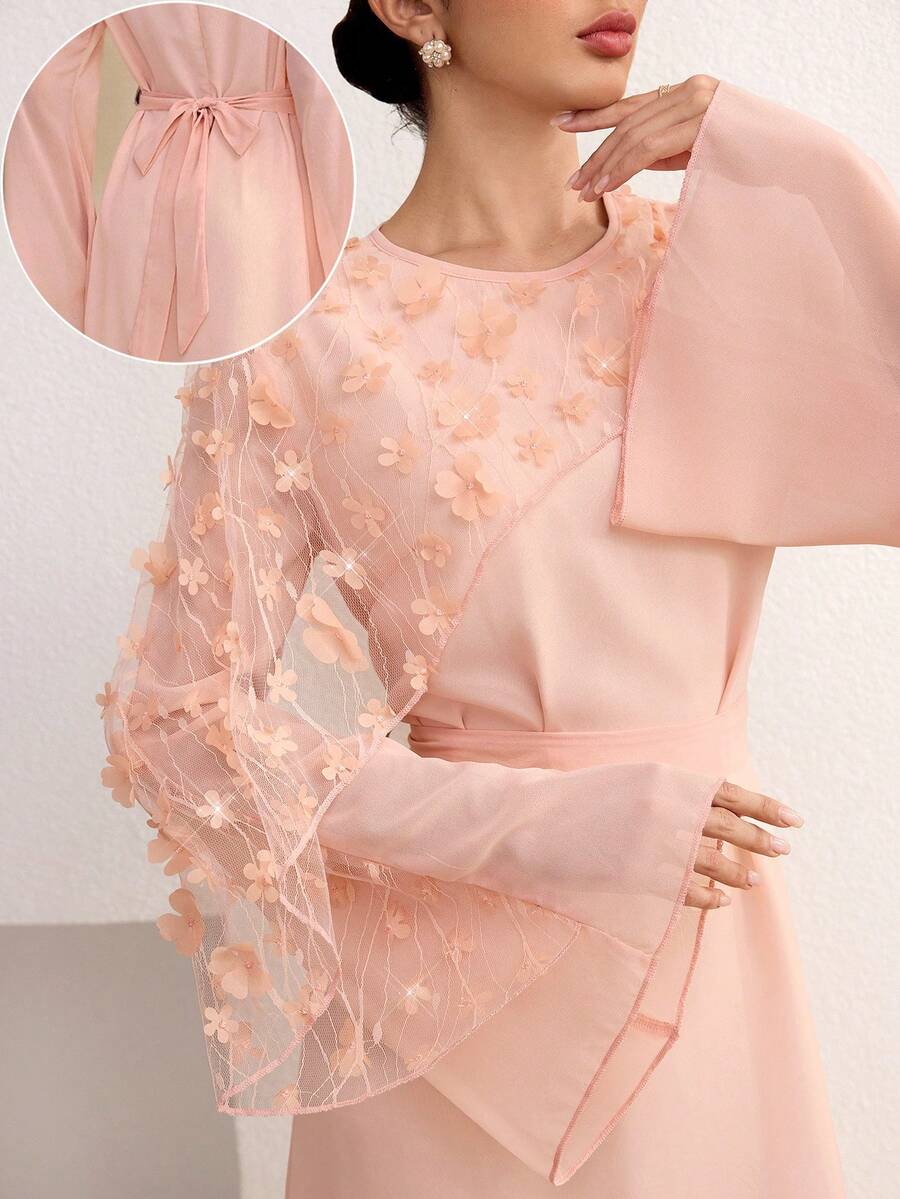 Graceveil Blush Pink Embroidered Patchwork Chiffon Waist Tie Elegant Romantic Wedding Autumn Women Long Dress Party