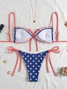 Swim Vcay New Spring/Summer Beach Pool Party Vacation Fashion Sexy Cute Polka Dot Print Ruffle Drawstring Thin Strap Bikini Two-Piece Swimsuit For Women - Multicolor - View 2