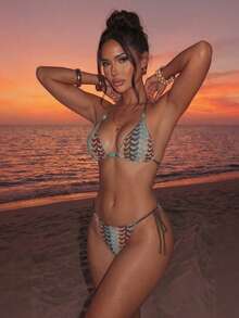 Swim SXY 夏季海灘女款性感掛脖三角比基尼上衣與側綁帶比基尼褲套裝 - 彩色 - 查看 8