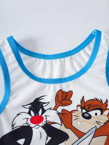 LOONEY TUNES X SHEIN 小男孩卡通印花圓領內搭背心 - 藍白色 - 查看 3