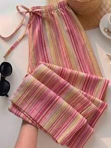 SHEIN EZwear 女款休閒低腰直筒褲，彩色條紋褲，夏季，街頭風，適合日常通勤、約會、聚會、秋冬/夏季、派對、婚禮、海灘、畢業典禮、優雅、休閒、外出、Y2K、音樂節、假期、返校、度假 - 彩色 - 查看 9
