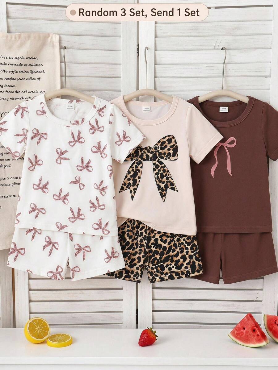 SHEIN 嬰幼兒春夏可水洗短袖上衣與短褲3套組,共6件,女嬰蝴蝶結印花/豹紋蝴蝶結/素色上衣搭配系列短褲,休閒舒適親膚日常出遊百搭柔軟可愛易打理套裝 - 棕色 - 查看 1