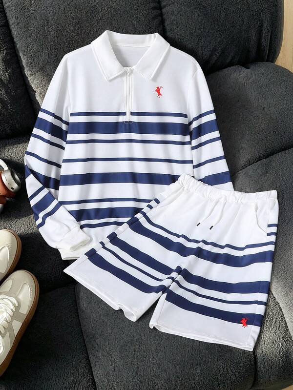 Teen Boys Half-Zip Striped Polo With Horse Print For Commute, Outings, Sports, Beach & Back To School