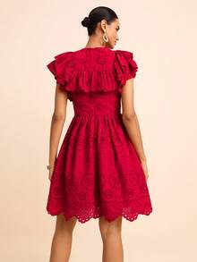 LOTSLUV Women's Summer Casual Romantic Elegant Commute Garden Date Night Out Brunch Party Red Floral Checke Fabric Embroide Hollow Ruffle Dress Wedding - Redwood - View 2