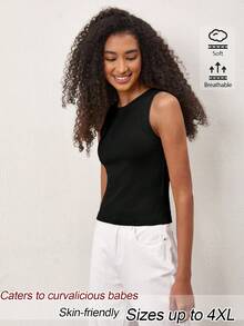 SHEIN BASICS Plus Size Women's Solid Color Round Neck Casual Versatile Tank Top - Black - View 6