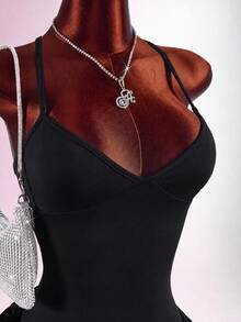 Amplova Women's Triangle Cup Fine Strap Criss-Cross Adjustable Wrap-Around Tight Mesh Satin Jumpsuit - Black - View 7
