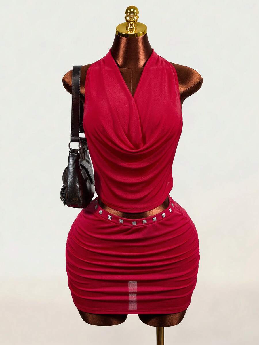 Mistrie Wine Red Rivet Draped Neck 2 Pieces Set, Cowl Neck Hollow Pleated Bodycon Mini Skirt Sexy Nightclub Outfit - Red - View 1