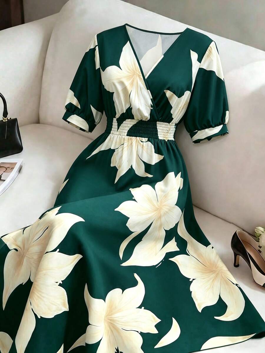 GlowEve CURVE Summer Elegant Floral Print Short Sleeve Dress - Dark Green - View 1