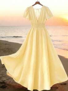 GlowEve CURVE Women's Plus Size Ruched Lace Trim Back Tie Dress Beach Vacation Butter Yellow Summer Romantic Casual - Yellow - View 2