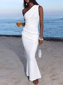 Opulessa Spring/Summer Vacation Knitted One-Shoulder Fitted Dress For Women Beach Vacation White Sexy Tropical - White - View 3
