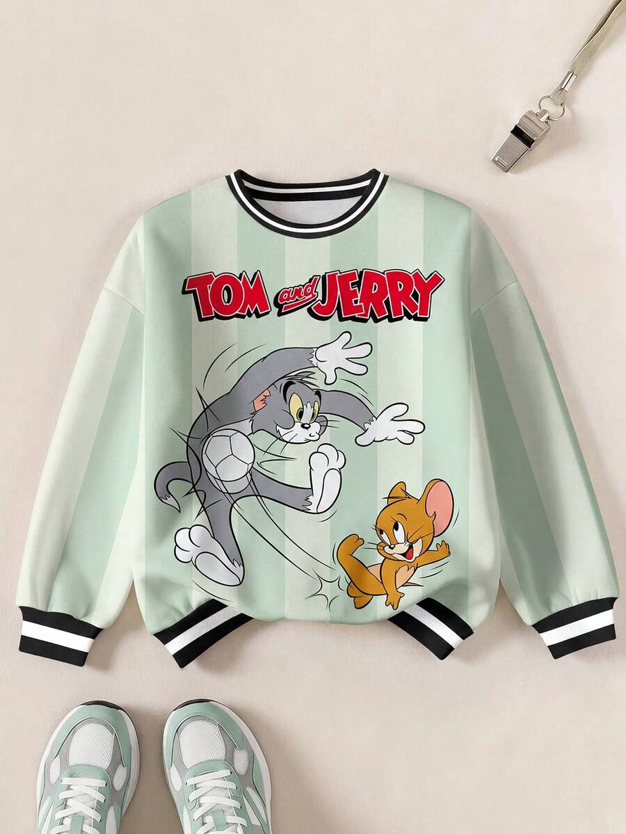TOM & JERRY X SHEIN Tween Boy Casual Colorblock Cartoon Graphic Crew Neck Sweatshirt, Autumn - White - View 1
