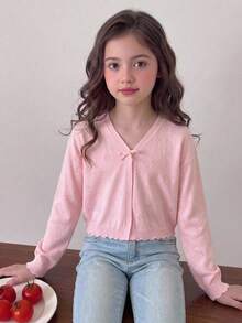 SHEIN 少女鏤空針織開襟衫，適合居家、休閒外出、海灘度假、派對等場合，舒適百搭，柔軟面料。這款粉色女童開襟衫採用繫帶V領與長袖設計，是夏季理想選擇，也是完美的母親節禮物 - 粉色 - 查看 9