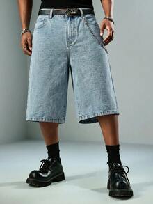 ROMWE MEN Street Life Men's Fish Pattern Embroidered Denim Shorts - Blue - View 8